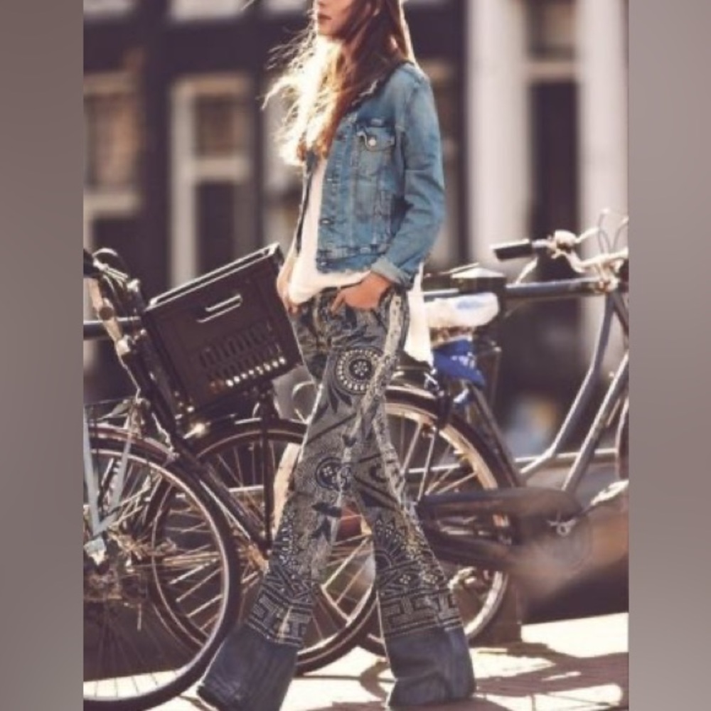 Free People Discharge Bali Geometric Printed Flare Bell Bottom Denim Jeans